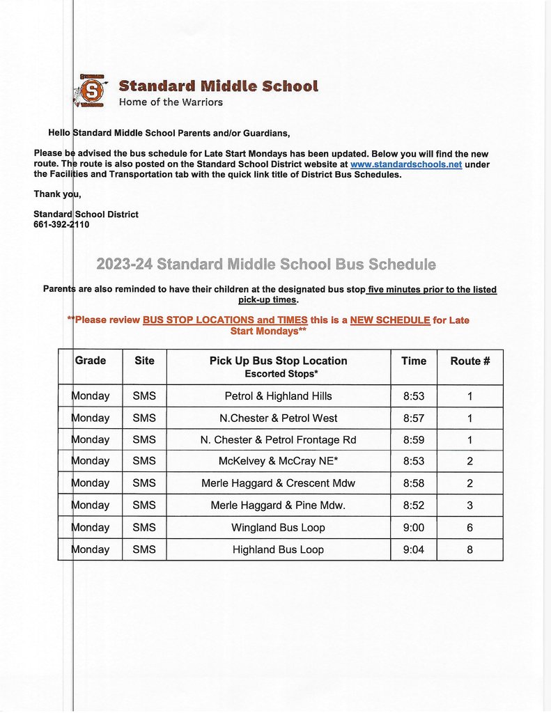 monday bus schedule
